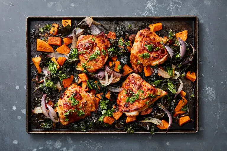 Harissa Chicken, Lentil, and Kale Tray Bake